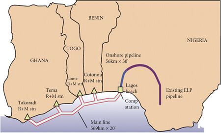 Map illustrating the schematics of the West African Gas Pipeline, which runs from Nigeria to Ghana. The WAGP will connect to the existing ELP pipeline onshore, before moving offshore for 569 kilometers with connection points in Benin, Togo, and Ghana.