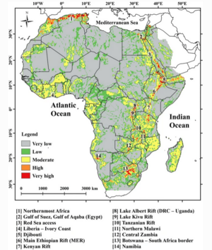 Map of the geothermal potential across Africa. Originally published in a 2022 study, the map highlights 14 areas with high potential. These areas are: 1. Northernmost Africa 2. Gulf of Suez/Gulf of Aqaba 3. Red Sea access 4. Liberia-Ivory Coast 5. Djibouti 6. Main Ethiopian Rift 7. Kenyan Rift 8. Lake Albert Rift 9. Lake Kivu Rift 10. Tanzanian Rift 11. Northern Malawi 12. Central Zambia 13. Botswana-South Africa border 14. Namibia