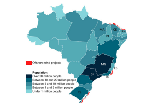 Map of Brazil showing the project locations of offshore wind projects along Brazil's coasts, as well as population numbers in each state. Offshore wind projects are concetnrated in the Northeast, Central Coast, and Southern Coast of Brazil, while population numbers are highest in the states of Minas Gerais and São Paulo.