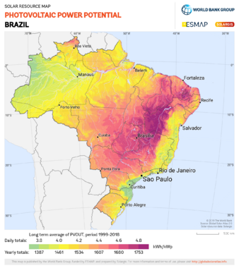Map of Brazil with the photovoltaic potential overlaid in a color gradient. The highest PV potential (>4.8 kWh/kWp) lies along the Brazilian Highlands and stretches west toward the Amazon Rainforest region, decreasing in potential further west.