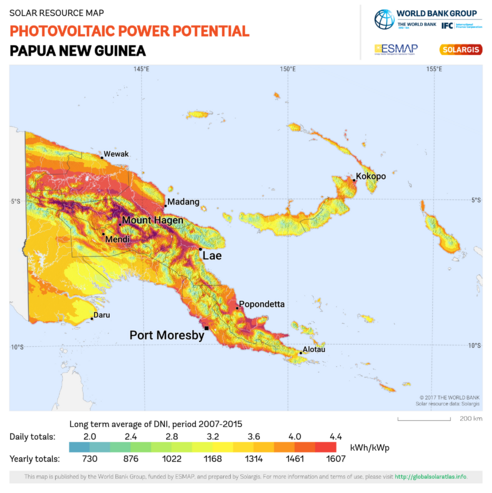 Map of Papua New Guinea with photovoltaic power potential, in kWh/kWp, overlaid. The highest potential follows the Central Range and along the northern coast of the island of New Britain.