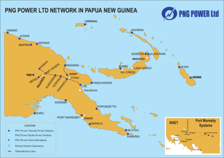 Map of PNG Power Limited's transmission network that they manage and operate in Papua New Guinea. Much of the country lacks connection to the grid with the majority of transmission infrastructure concentrated between the cities of Lae, Wabag, and Mendi. At the time of the map's publication, there were 22 thermal power stations operated by PNG Power, of which 21 are along the coast and 19 are not connected to central transmission lines. The map was initially published by PNG Power Limited in their 2017 Information Handbook.