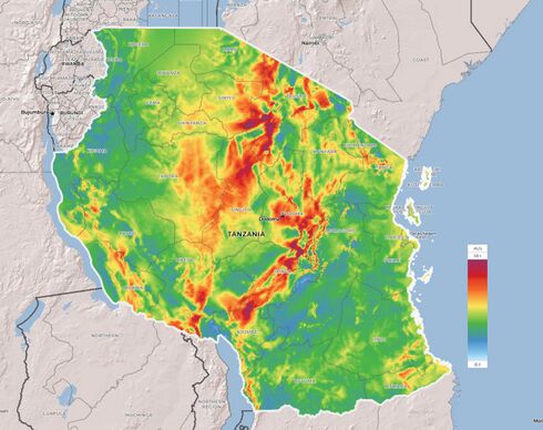 Map of average wind speeds at 100 meters across Tanzania. Tanzania is well-endowed with wind resources, with wind speeds reaching above 10 m/s throughout the central section of the country.