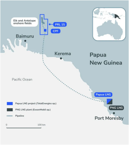 Map illustrating the approximate path of the Papua LNG pipeline. The pipeline will bring gas from the Elk and Antelope onshore gas fields, bring it offshore for liquefaction, and brought back onshore near Port Moresby.