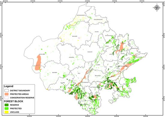 Map of the forest cover for the State of Rajasthan, India, as published by the Government of Rajasthan’s Forest Department. The map legend designates district boundaries, protected areas, and conservation reserves, with forest blocks broken down into reserve, protected, and unclassed. The majority of land cover (reserve and protected) is relegated to the southeast half. The Districts of Udaipur, Kota, and eastern Chittorgarh are particularly densely covered. While the District of Jaisalmer is largely barren, it has one of the largest swaths of protected areas in its southwest corner.