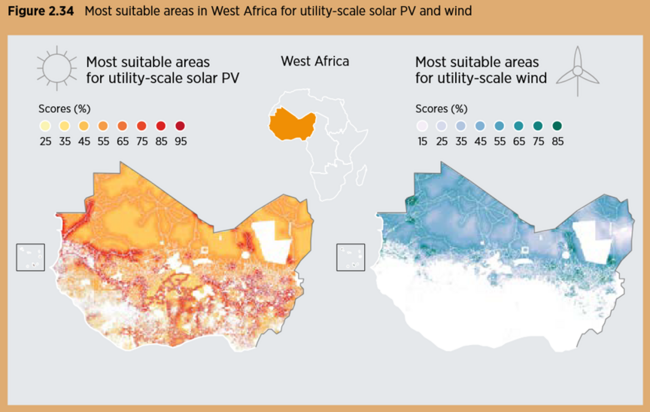Originally published by the International Renewable Energy Agency, the image contains two maps of West Africa with wind and solar suitability scores overlaid. Highest solar suitability runs along a central east-west band and along ridges, though suitability is high across the entire region. Wind suitability is highest in the northern parts of the region and is not as persistent as solar suitability.