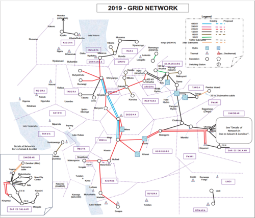Map of Tanzania's national transmission grid, as of 2019. The grid is primarily comprised of 400, 220, and 132 kV lines.
