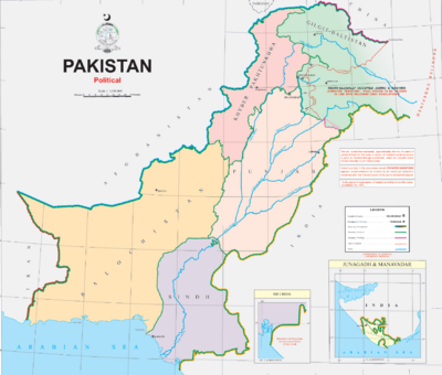 Map of Pakistan and its five provinces. Land that is under dispute between Pakistan and India is highlighted in the northeastern portion of the country. Balochistan is the largest province and sits on the southwestern edge of the country.