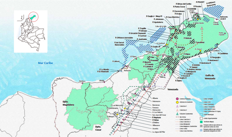 Map of wind energy projects, both operating and in-development, in La Guajira, Colombia. The map also includes information on the extent of Wayuu territorial land and transmission lines which connect renewable energy projects to the national grid. Wayuu territory stretches across most of La Guajira, and many projects overlap with their land.