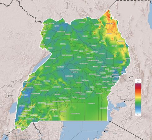 Map of wind speeds at 100 meters across Uganda. The highest wind speeds are in the far northeast of the country, as well as along the Rwenzori Mountains in the west, where wind reaches 10 m/s. The majority of Uganda has average weed speed between 3 and 4 m/s.