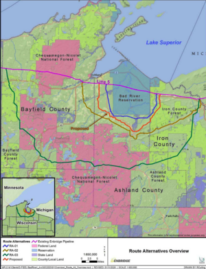 Map of northern Wisconsin showing proposed pipelines routes from Enbridge