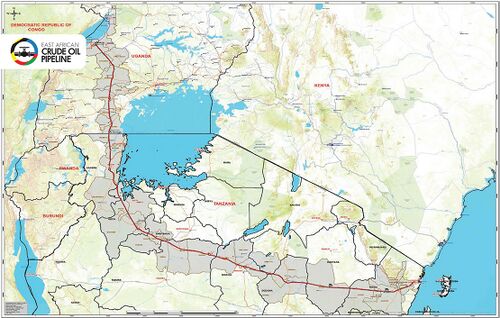 Map of the East African Crude Oil Pipeline (EACOP). EACOP will run from oil fields near Lake Albert, south of Lake Victoria, and east to Tanga, Tanzania.