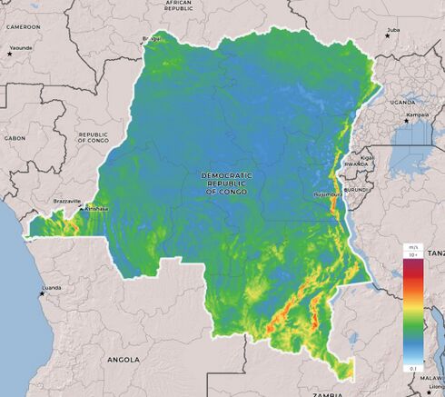 Mean wind speeds for the Democratic Republic of Congo at 100 meters. The DRC has relatively low wind speeds across the majority of the country, generally rated at below 3 m/s. Wind speeds are highest in the southeast portion of the country where wind speeds reach approximately 8 m/s along ridge lines.
