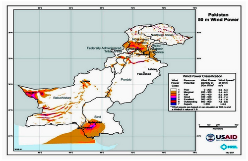 Map of Pakistan with the average wind power density at 50 meters overlaid. Wind power density is highest in three locations: north of Islamabad near the Northwest Frontier, in southern Sindh on Pakistan's southern coast, and far west in Balochistan. In the latter two locations, wind density reaches 500-600 watts per square meter.