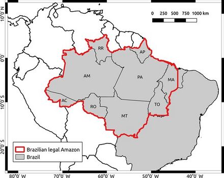Map of the Brazilian legal Amazon and its nine federal states: Acre (AC), Amapá (AP), Amazonas (AM), Maranhão (MA), Mato Grosso (MT), Pará (PA), Rondônia (RO), Roraima (RR) and Tocantins (TO).