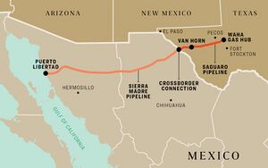 A map of West Texas and the Mexican border depicting the route of the Saguaro Connector Pipeline and its connection to the existing Sierra Madre pipeline, which crosses Mexico and ends in Puerto Libertad.