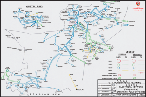 Map of the transmission network that the Quetta Electric Supply Company (QESCO) operates in Balochistan, Pakistan. The network is comprised of 500 kV, 22 kV, 132 kV, and 66 kV transmission lines. The majority of the network is comprised of 132 kV. The Quetta Ring, where provincial population density is the highest, has the greatest amount of transmission infrastructure.