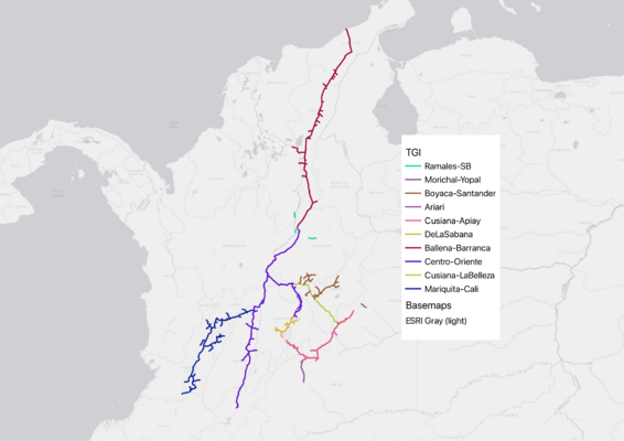 The image shows a map of Colombia with the TGI gas pipeline network and its main segments.