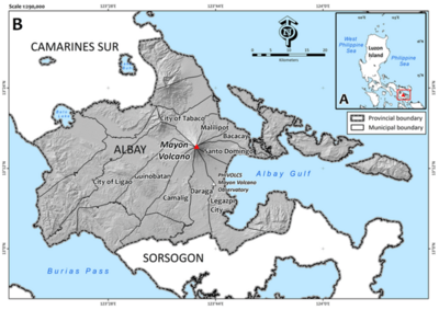 Map of Mt. Mayon, the Philippines's most active volcano, which is located in the Province of Albay. The volcano lies approximately 350 kilometers southeast of Manila, the nation's capital. The volcano is located on the eastern side of the province. Image was originally published by researchers at the Philippine Institute of Volcanology and Seismology and the University of the Philippines - Open University in their paper titled "Moving for safety: a qualitative analysis of affected communities’ evacuation response during the 2014 Mayon Volcano eruption."