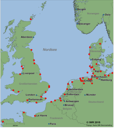 Map of countries bordering the North Sea with major cities and ports highlighted. More than 50 ports exist across North Sea countries, many of which will support offshore wind development in the region.