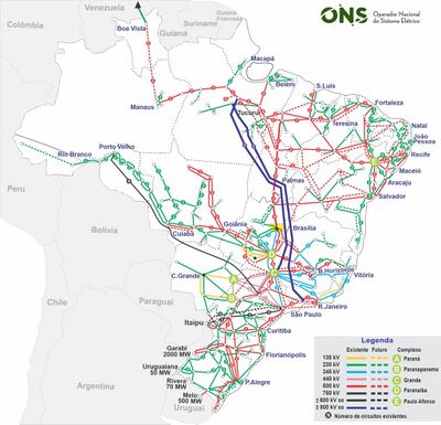 Map of Brazil’s transmission network. Brazil’s network carries power across eight voltages: 138 kV, 230 kV, 345 kV, 440 kV, 500 kV, 750 kV, +/- 600 kV, and +/- 800 kV. The most common voltages are 230 kV and 500 kV. Most of the network is concentrated in the eastern half of the country, with transmission infrastructure dropping considerably in the Amazon region. Map produced by the Operador Nacional do Sistema Elétrico and published by Taesa.
