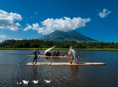 Picture from the Albay Biosphere Reserve. The photograph depicts a clear sunny day with two flat boats with several people aboard, as well as waterfowl in the foreground and Mt. Mayon in the background. The photo originally came from Unesco's page about the Reserve.
