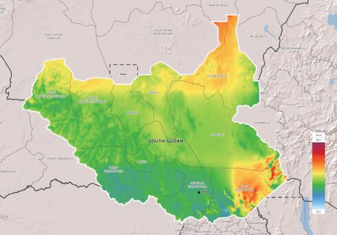 Map of wind speeds for South Sudan at 100 meters. Wind speeds are highest in the East Equatoria district, as well as in Upper Nile. Each of those regions experiences wind speeds upwards of 7 m/s. The majority of the country has relatively slow wind speeds averaging between 3 and 4 m/s.