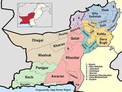 Map illustrating the eight Divisions and 36 Districts of Balochistan, Pakistan. Divisions are: Quetta, Zhob, Loralai, Kalat, Sibi, Nasirabad, Makran, and Rakhshan. Districts are: Awaran, Bakhan, Kachhi, Chagai, Chaman, Dera Bugti, Duki, Gwadar, Harnai, Hub, Jafarabad, Jhal Magsi, Kalat, Kech, Kharan, Kohlu, Khuzdar, Lasbela, Loralai, Mastung, Musakhel, Nasirabad, Nushki, Qila Saifullah, Panjgur, Pishin, Quetta, Sherani, Sibi, Sohbatpur, Surab, Washuk, Zhob, Ziarat, and Usta Muhammad.
