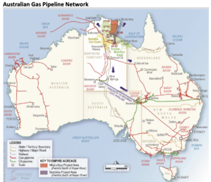 Australian Gas Pipeline Network per Empire Energy. Shows existing pipelines and the Amadeus to Moomba proposed pipeline