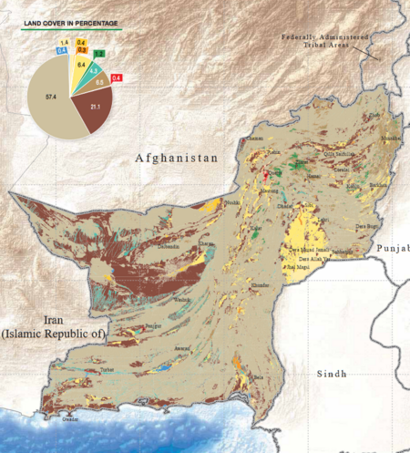 Map illustrating different land cover types across Balochistan, Pakistan, along with a pie chart outlining the proportional breakdown of land cover type. Bare land with sparse natural vegetation dominates the landscape. Irrigated crops are primarily relegated to the eastern half of the province, while completely bare land is largely in the western half. Pie chart contents: Irrigated crops: 1.4% Crop marginal and irrigated saline: 0.4% Crops in flood plains: 0.3% Rain-fed crops: 6.4% Forests - Natural trees and mangroves: 1.2% Natural vegetation in wet areas: 4.3% Range lands - Natural shrubs and herbs: 6.5% Built up areas: 0.4% Bare areas: 21.1% Bare areas with sparse natural vegetation: 57.4% Wet areas: 0.4%